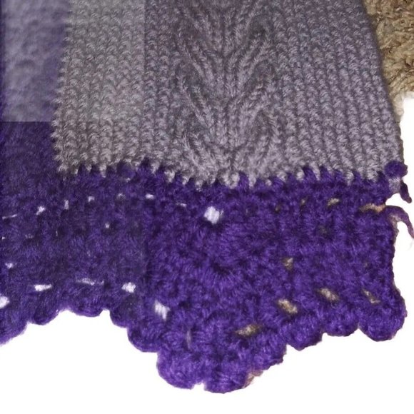 Granny Hand Knitted Afghan Purple and Grey Striped Crochet Winter Afghan Blanket - Picture 7 of 9